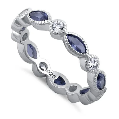 Rings Ease Rating-Sterling Silver Round & Marquise Tanzanite CZ Eternity Ring