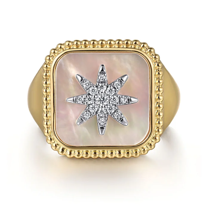 Best Soft Rings-Mother of Pearl and Diamond Signet Ring in 14K Yellow Gold