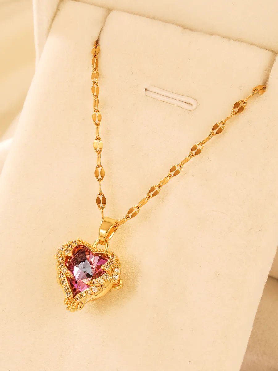 Necklaces For High Beam-Elegant Shiny Heart Shape Stainless Steel Plating Inlay Zircon 14k Gold Plated Pendant Necklace