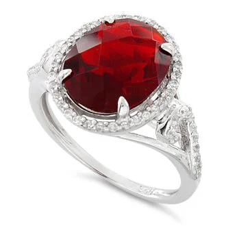 Rings For Country Wear-Sterling Silver Garnet Oval Halo Swirl CZ Ring