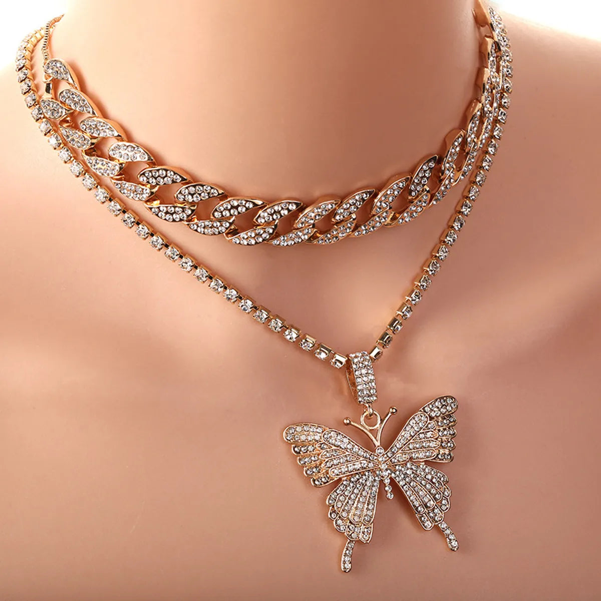 Necklaces Rock Guide-Hip-hop Exaggerated Butterfly Alloy Plating Inlay Rhinestones Women's Sweater Chain