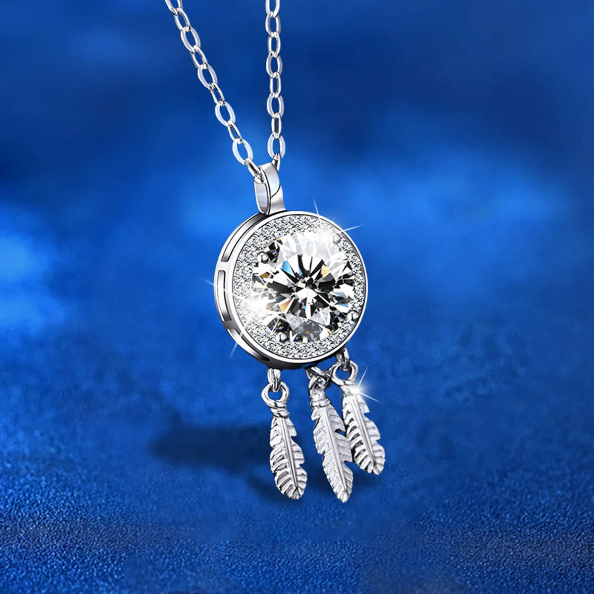 Necklaces For Calm Fans-Sterling Silver Simple Style Shiny Round Feather GRA Inlay Moissanite Pendant Necklace