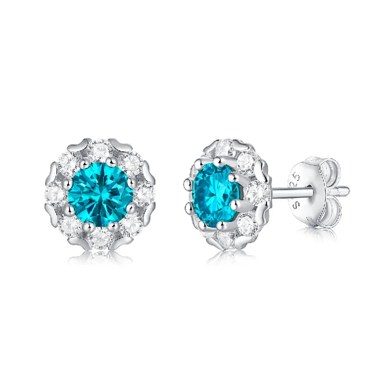 Earrings For Little Teens-Sterling Silver with 0.50ctw Lab Created Moissanite & Blue Topaz Round Halo Stud Earrings