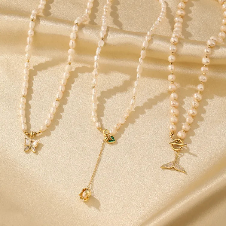 Best Cool Necklaces-Elegant Flower Butterfly Fish Tail Freshwater Pearl Copper Beaded Zircon 14k Gold Plated Necklace