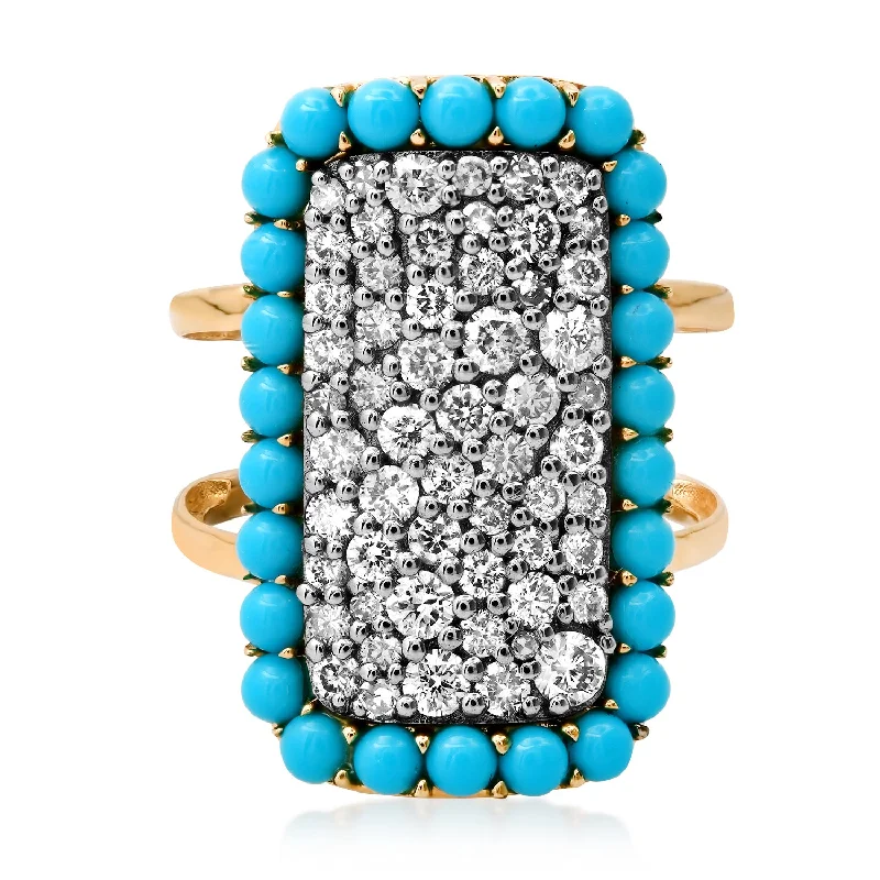 Rings Wear Ideas-Two-Tone Diamond Pave Statement Ring with Turquoise Frame