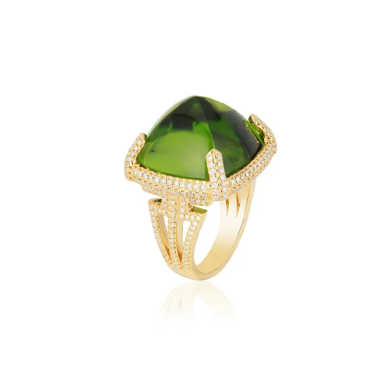 Rings For Cool Days-One of A Kind Rock N Roll Pyramid Peridot Ring with Diamond Setting