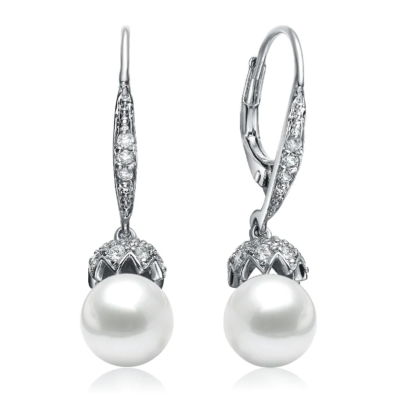 Earrings For Sharp Features-CZ Sterling Silver Pearl Drop Earrings