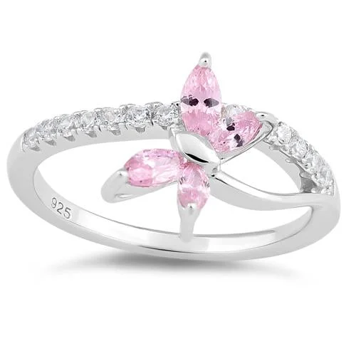 Rings For Town Style-Sterling Silver Butterfly Pink CZ Ring