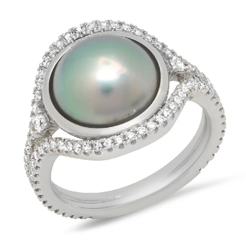 Most Sturdy Rings-Tahitian Pearl Slice Ring with Diamond Frame and Split Shank