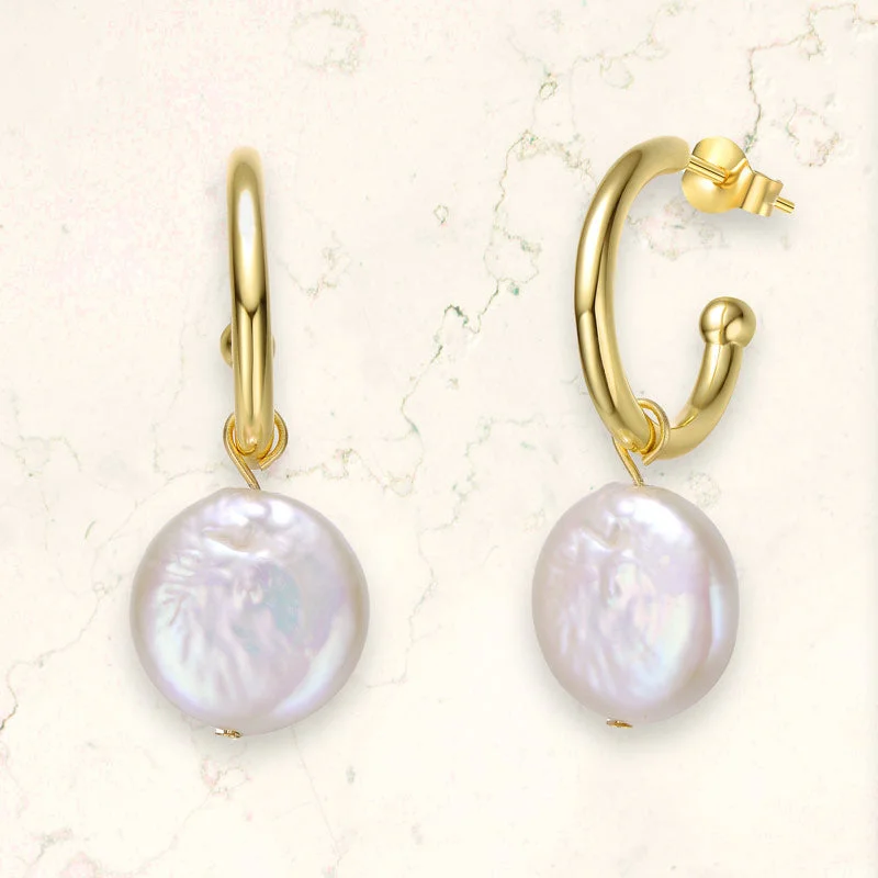 Earrings For Large Lobes-Brigitte Pearl Golden Hoop Earrings