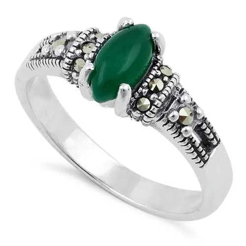 Rings For Bare Looks-Sterling Silver Green Agate Marquise Marcasite Ring