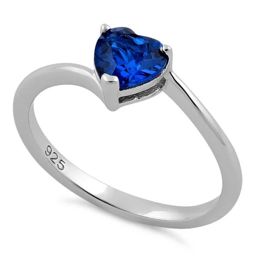 Rings For Fine Stones-Sterling Silver Blue Spinel Heart CZ Ring