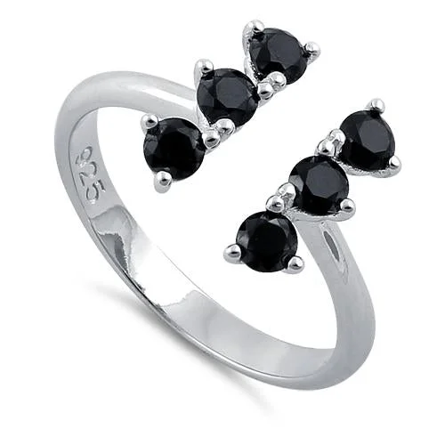 Fresh Cut Rings-Sterling Silver Black Six Round Stones Adjustable CZ Ring