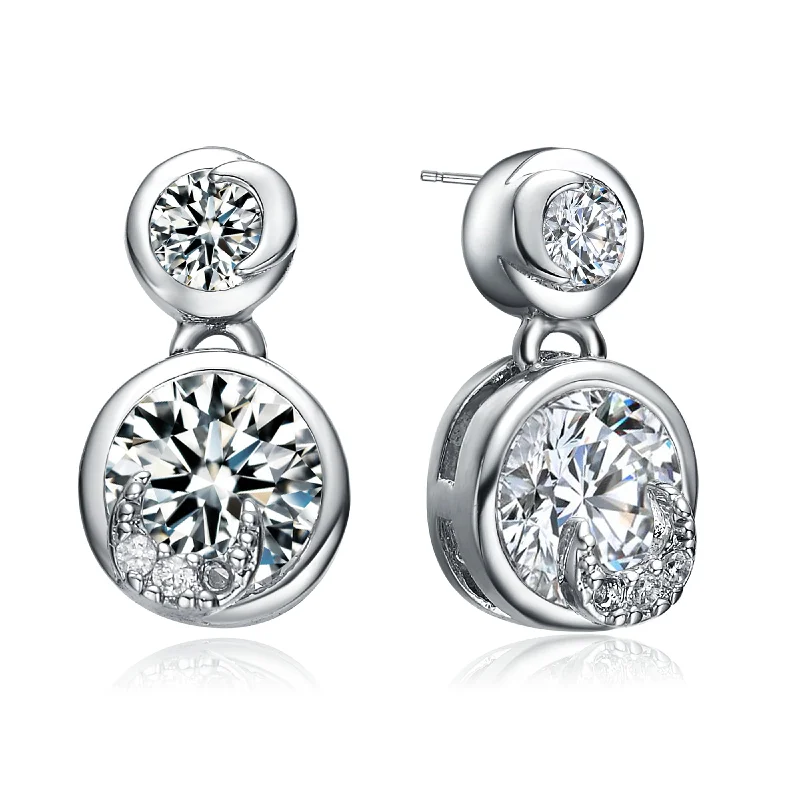 Earrings For Crowd Events-CZ Sterling Silver Round Drop Earrings