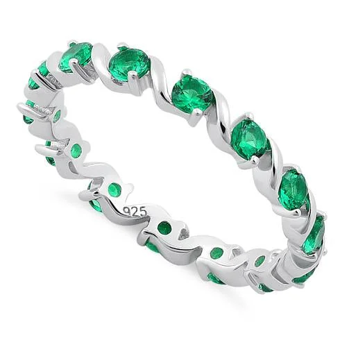 Rings For Punk Edge-Sterling Silver Swirl Emerald  Eternity CZ Ring