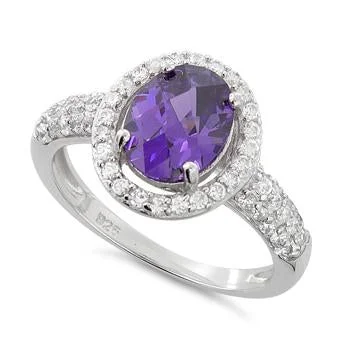 Rings For Steel Fans-Sterling Silver Amethyst Oval Halo CZ Ring