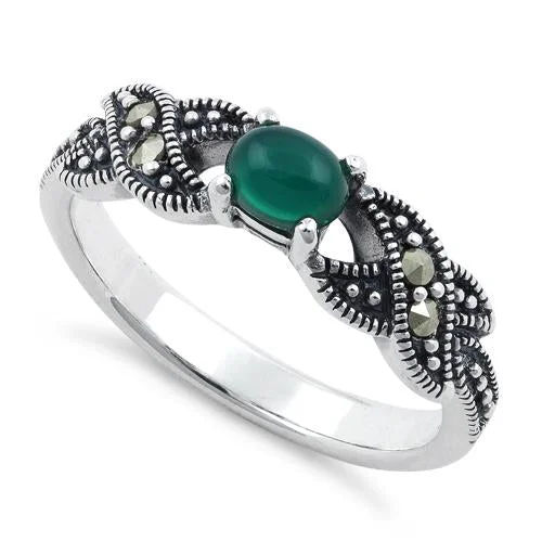 Rings For Party Shine-Sterling Silver Oval Green Agate Marcasite Ring