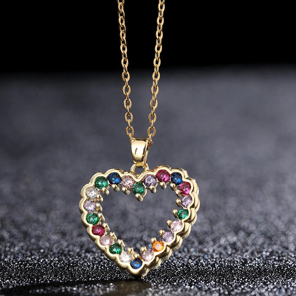 Necklaces Lock Strength-Sweet Simple Style Heart Shape Copper Plating Hollow Out Inlay Zircon Gold Plated Pendant Necklace