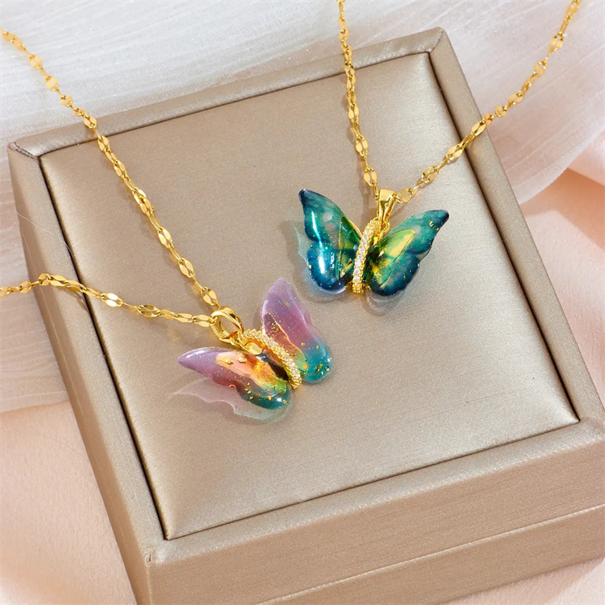 Necklaces For Desk Days-Sweet Butterfly Titanium Steel Artificial Gemstones Pendant Necklace In Bulk