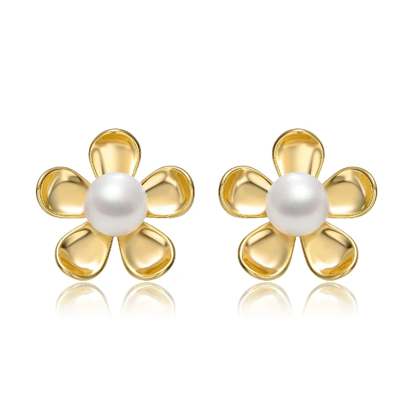 Bright Earrings For Shine-Sterling Silver 14k Yellow Gold Plated with White Pearl Blooming Daisy Flower Stud Earrings