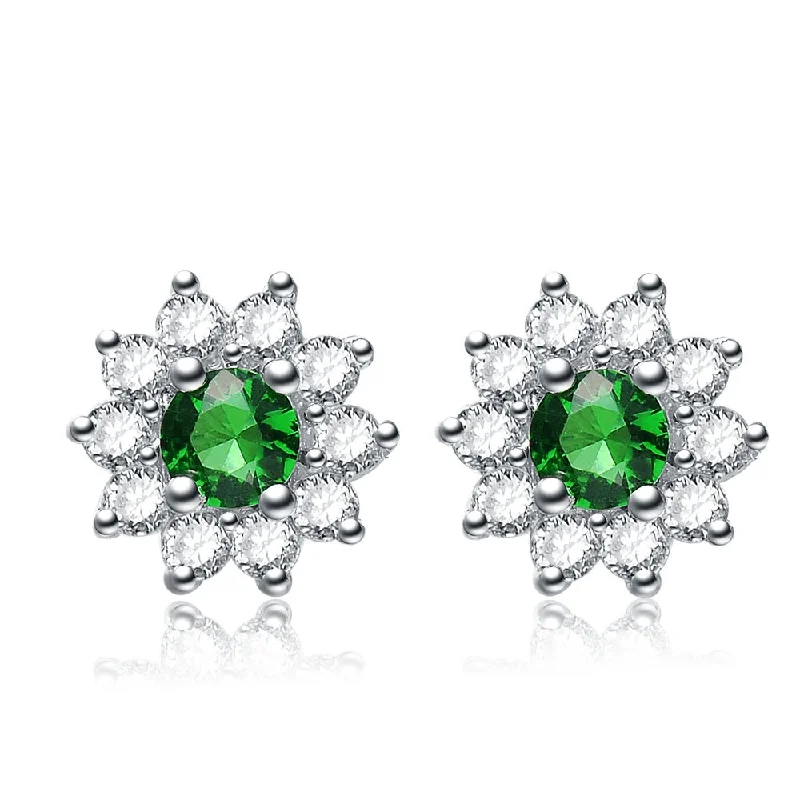 Earrings With Dark Tones-C.Z. Sterling Silver Rhodium Plated Round Emerald Earrings