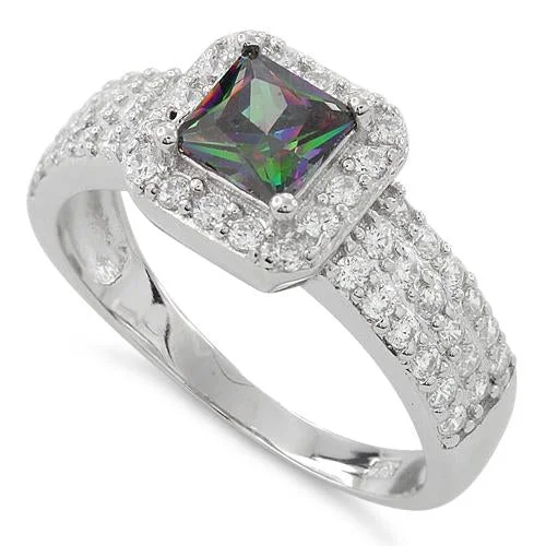 Rings Wear Rating-Sterling Silver Rainbow Topaz Princess Cut Pave CZ Ring