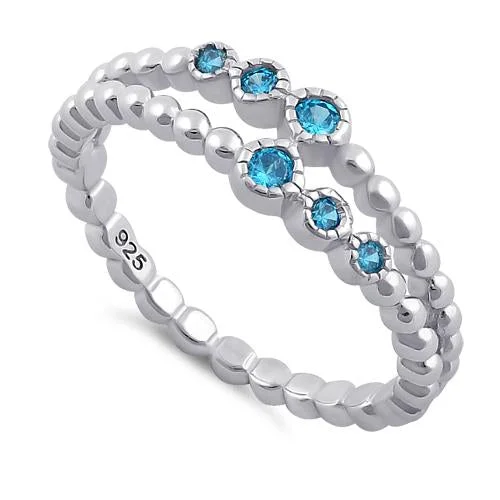 Rings For Club Nights-Sterling Silver Double Beaded Aqua Blue CZ Ring