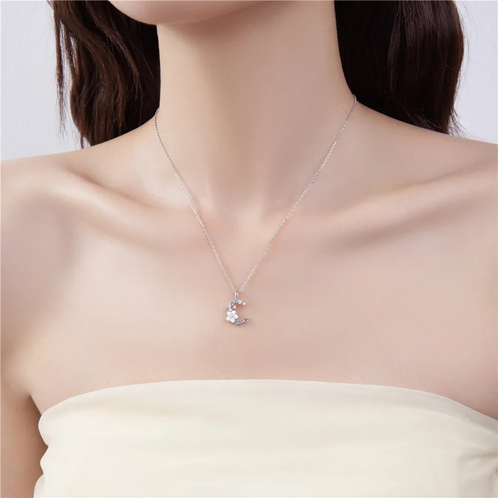 Necklaces For Country Wear-Sterling Silver Casual Hollow Out Inlay Moon Zircon Pendant Necklace