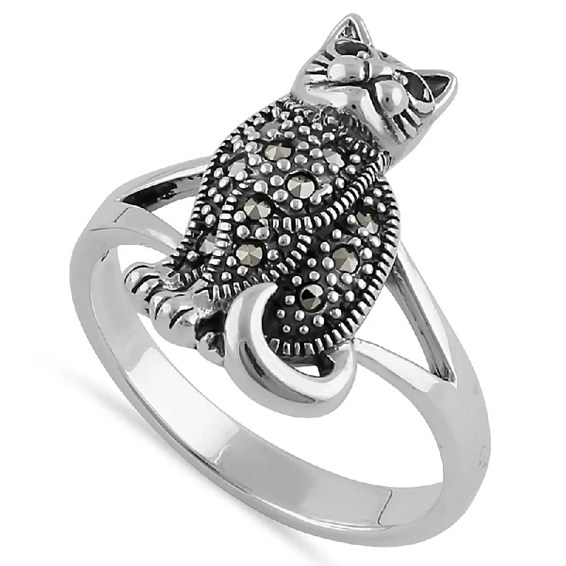 Best Thick Rings-Sterling Silver Clever Cat Round Cut Garnet CZ Marcasite Ring