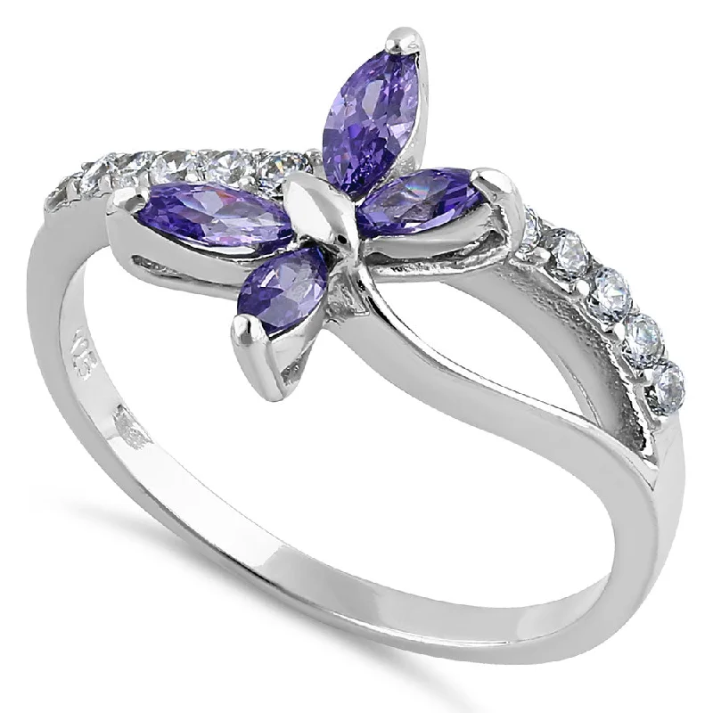 Rings For Dark Outfits-Sterling Silver Butterfly Amethyst CZ Ring