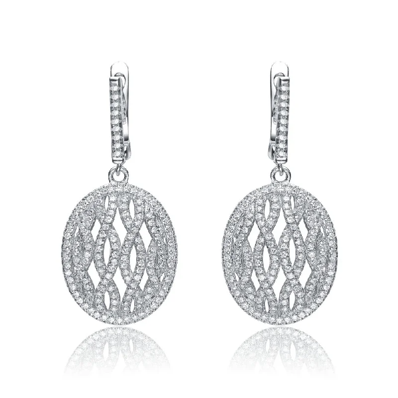 Earrings For Frosty Days-CZ Sterling Silver Rhodium Plated Oval Shape Drop Huggie Earrings