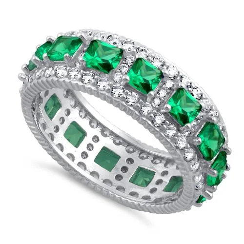 Rings For Lone Wear-Sterling Silver Eternity Princess Cut Emerald CZ Ring