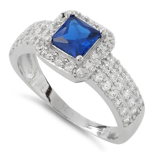 Rings For Curly Looks-Sterling Silver Blue Sapphire Princess Cut Pave CZ Ring