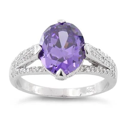 Rings Width Options-Sterling Silver Oval Amethyst CZ Ring