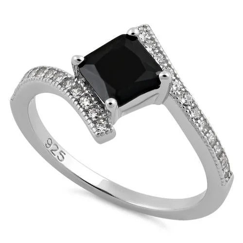 Rings With Stone Inlays-Sterling Silver Elegant Princess Cut Black CZ Ring