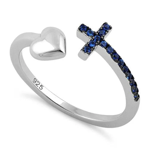 Rings For Full Fingers-Sterling Silver Heart Cross Blue Sapphire CZ Ring