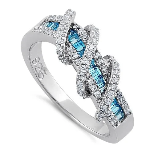 Rings For Stacked Style-Sterling Silver Exotic Twisted Blue Topaz & Clear CZ Ring