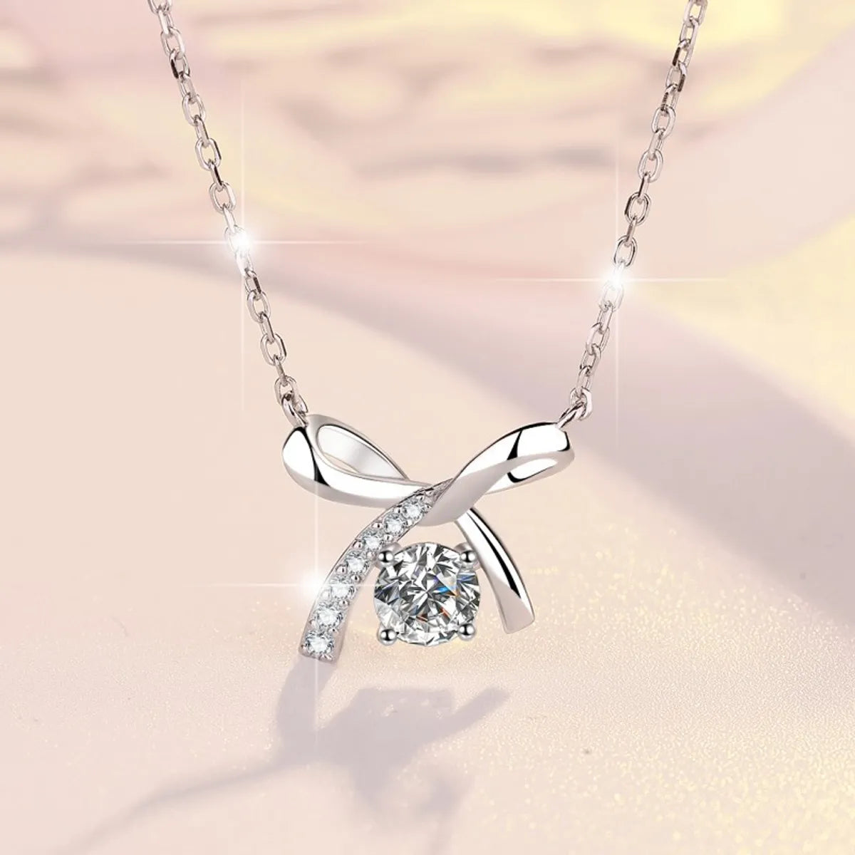 Necklaces For Big Charms-Sterling Silver Elegant Simple Style Bow Knot GRA Plating Moissanite Zircon Pendant Necklace