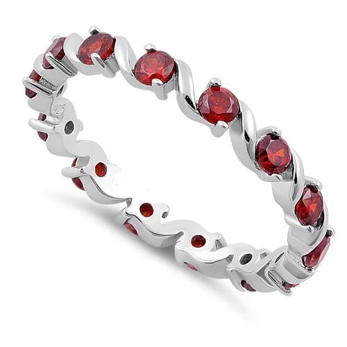 Rings For Romantic Glow-Sterling Silver Swirl Garnet Eternity CZ Ring