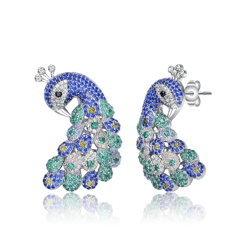 Earrings For Summer Fun-Sterling Silver White Gold Plated  Sapphire and Emerald Cubic Zirconia "Peacock" Butterfly Earrings