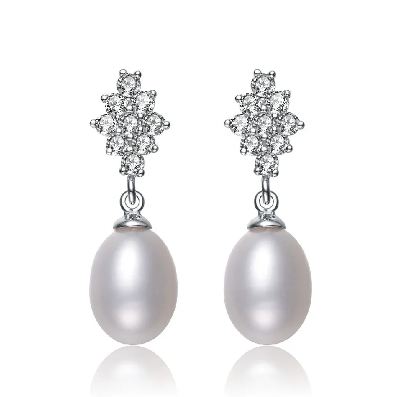 Earrings For Poolside Fun-Cubic Zirconia Sterling Silver Rhodium Plated Pearl Drop Earrings