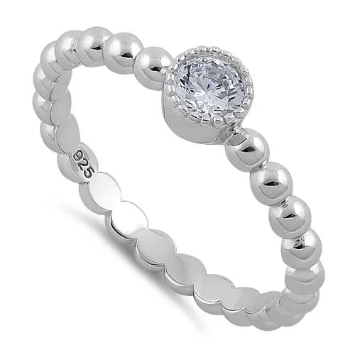 Rings Glint Guide-Sterling Silver Round Cut Beaded Clear CZ Ring