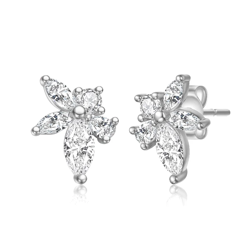 Earrings Fashion Reviews-Sterling Silver White Gold Plated with Lab Created Moissanite Leaf Cluster Stud Earrings