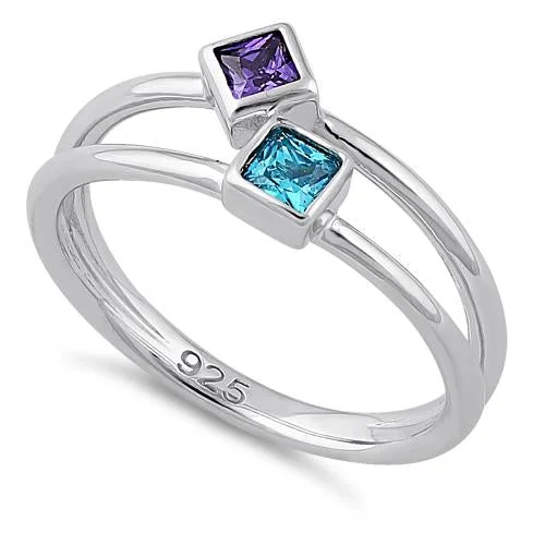 Rustic Rings For Feel-Sterling Silver Double Princess Cut Amethyst & Blue Topaz CZ Ring