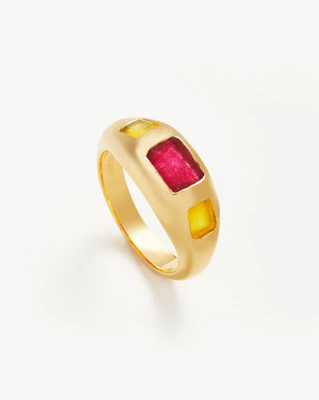 Rings For Solo Time-Good Vibes Triple Gemstone Statement Ring | 18ct Gold Plated/Pink Quartz & Mango Chalcedony