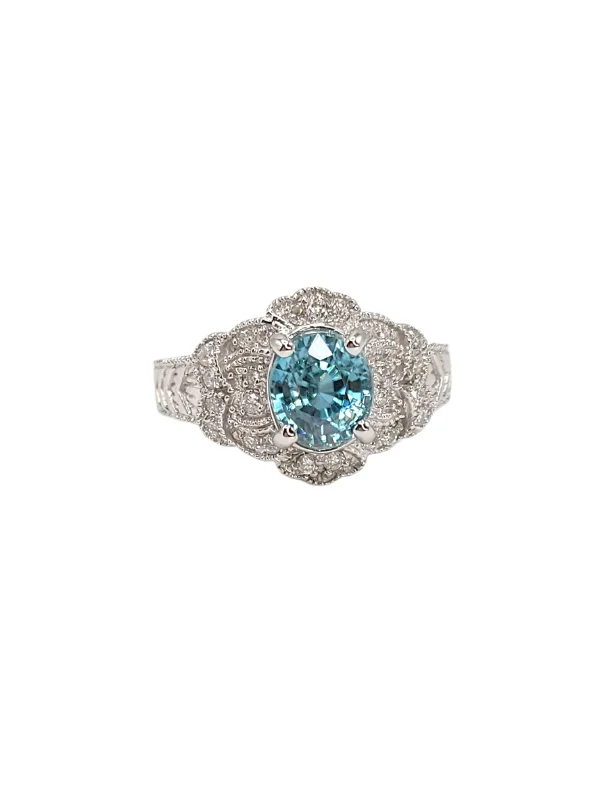 Rings For 80s Flair-Estate 14 Karat White Gold Blue Zircon and Diamond Ring