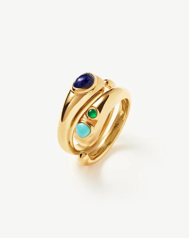 Rings Plating Types-Molten Gemstone Double Stacking Ring Set | 18ct Gold Plated/Chalcedony & Turquoise & Lapis