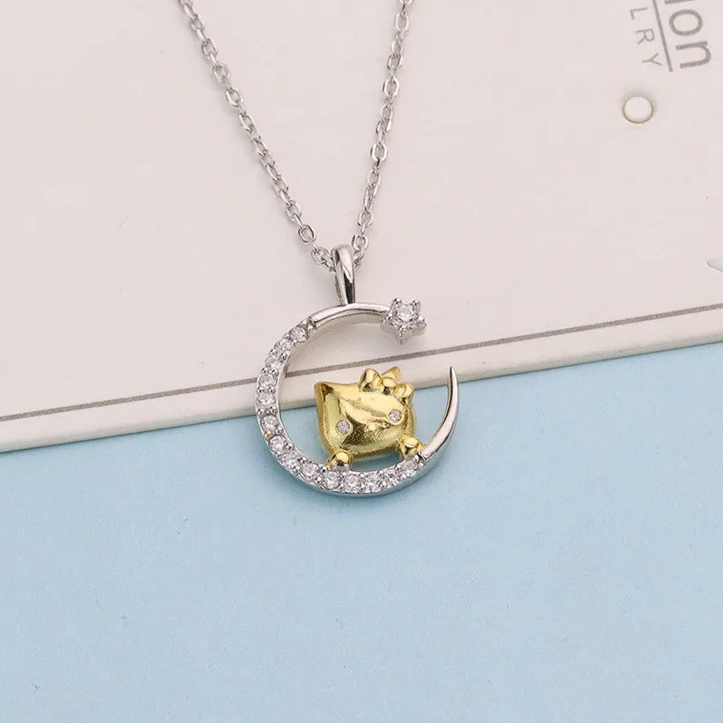 Necklaces With Funky Shine-Simple Style Star Moon Cat Copper Plating Inlay Artificial Diamond Gold Plated Silver Plated Pendant Necklace