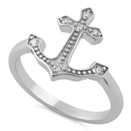 High Ease Rings-Sterling Silver Anchor Clear CZ Ring