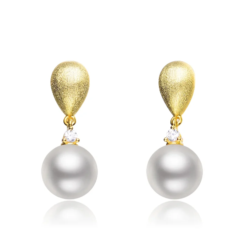 Earrings Glow Test-Cubic Zirconia Sterling Silver Brushed Gold Plated Pearl Drop Earrings